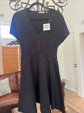 Opening Ceremony Black Textured V-Neck Fit-and-Flare Dress